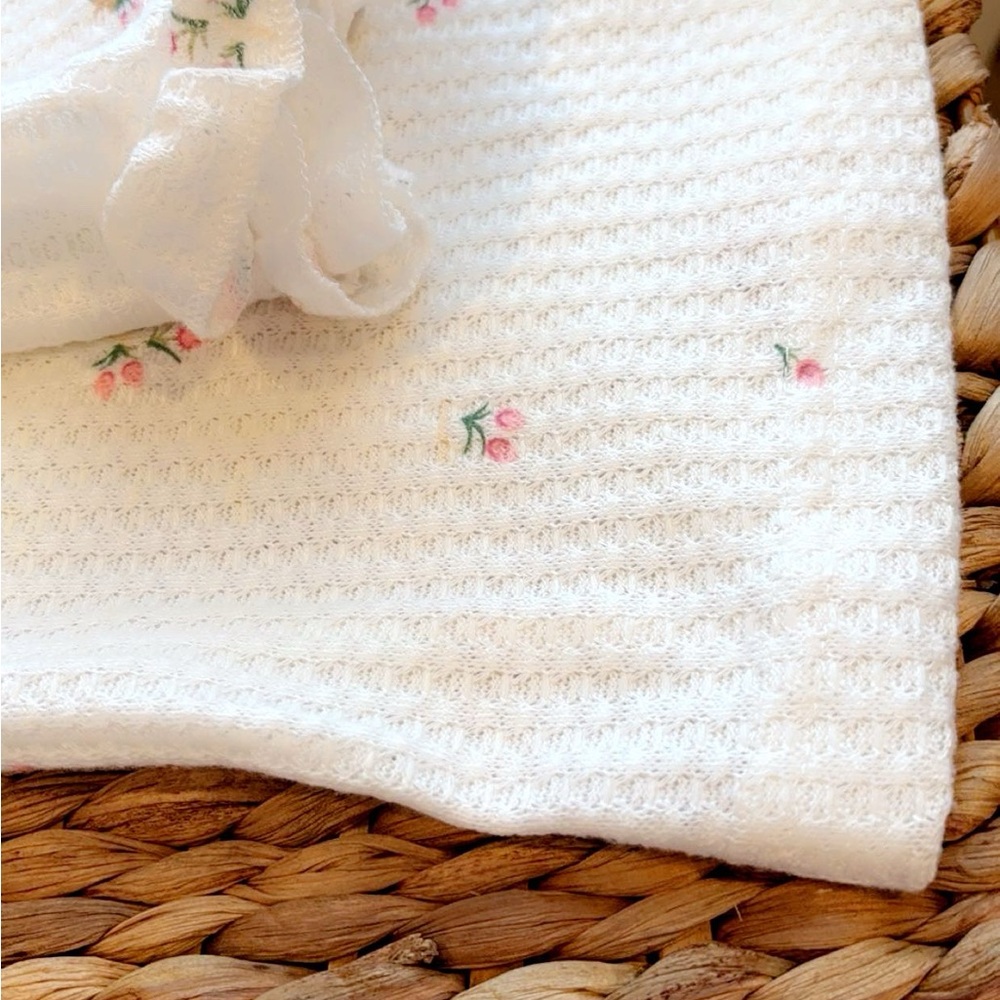 White Waffle Knit Pajama Set with Pink Floral Embroidery